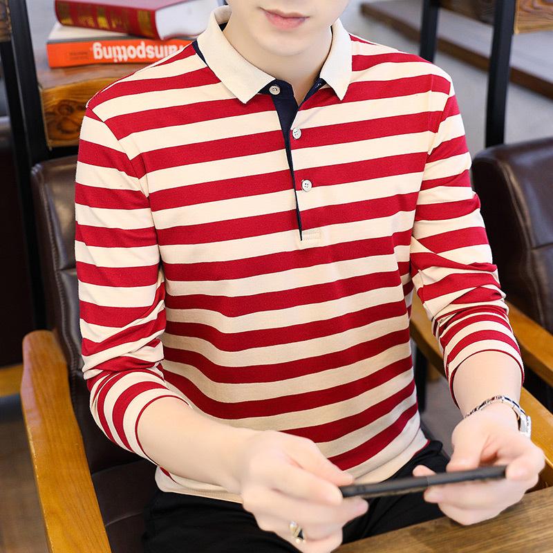 Men 'S Polo Shirt Long Sleeve T -Shirt Korean Style Lapel Cotton Striped T -Shirt 