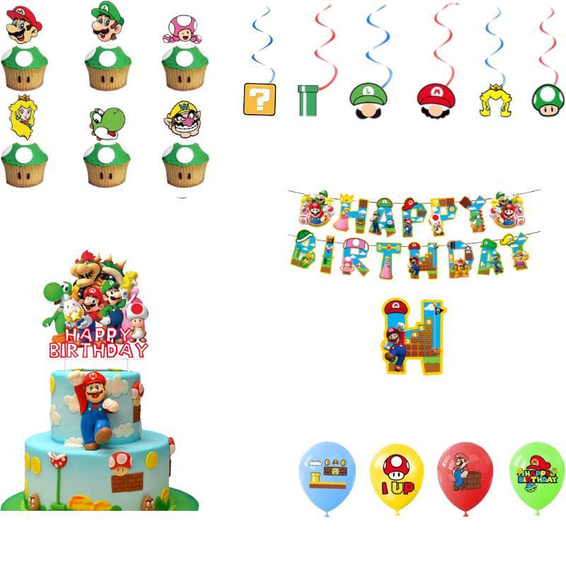 Mario Theme Party Decorations Set Flags, Cake Toppers, Balloons, And Spirals For An Amazing Party Atmosphere!