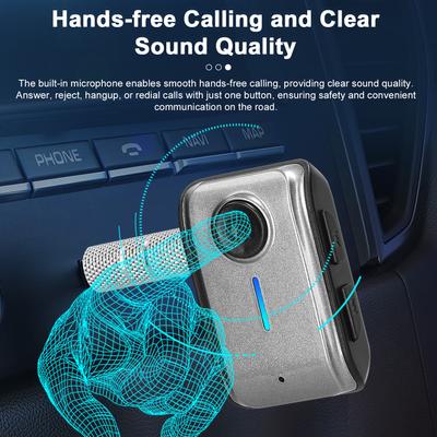 Bezdrátový Bluetooth přijímač do auta s 3,5mm AUX konektorem a Bluetooth adaptérem, vestavěným mikrofonem a vstupem pro TF kartu.