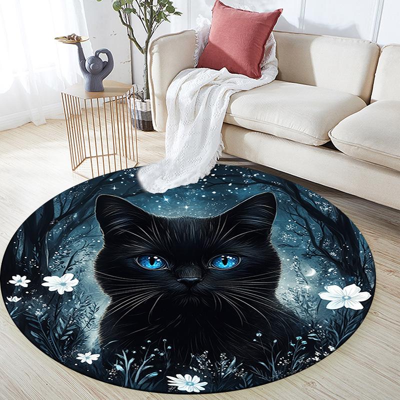 Magical Black Cat Round Area Rug,Carpet Rug for Living Room Bedroom Sofa Playroom Decor,Non-slip Floor Mat