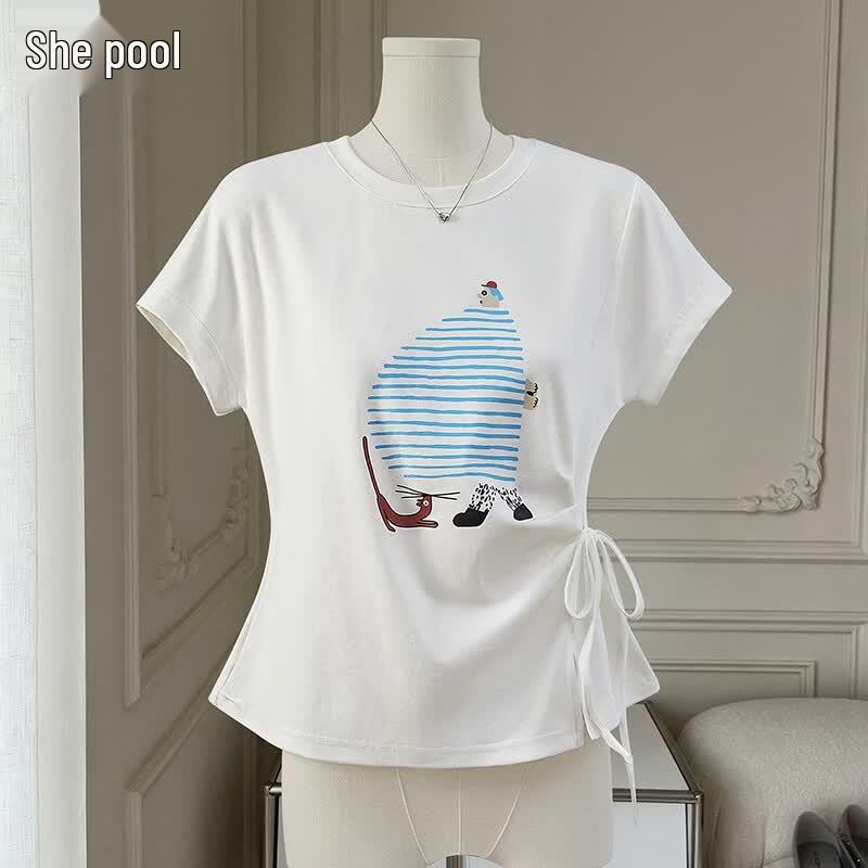 Women s Cartoon Print Tie-Slit T-Shirt L белый