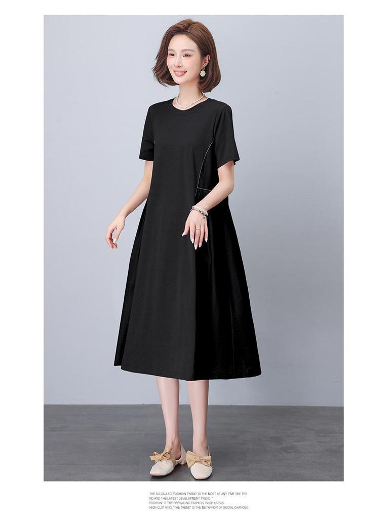 Women's Summer 2025 Pure Cotton Short Sleeve Dress - Loose Fit, Plus Size, Belly-Slimming, Casual for Middle-Aged Moms