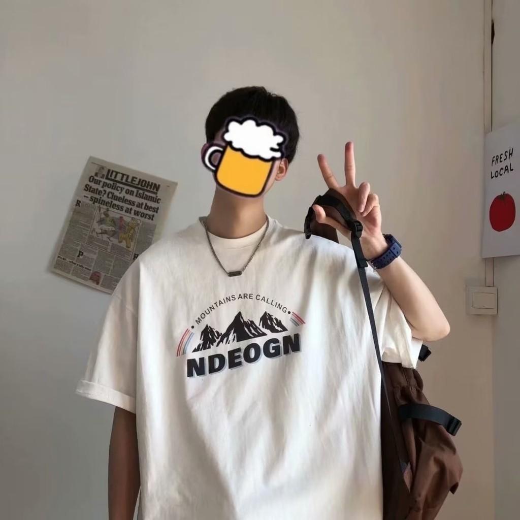 M-8XL Men Oversized Korean Fashion Loose American Vintage mountain range Print Short Sleeve Round Versatile Trend Couple outfit