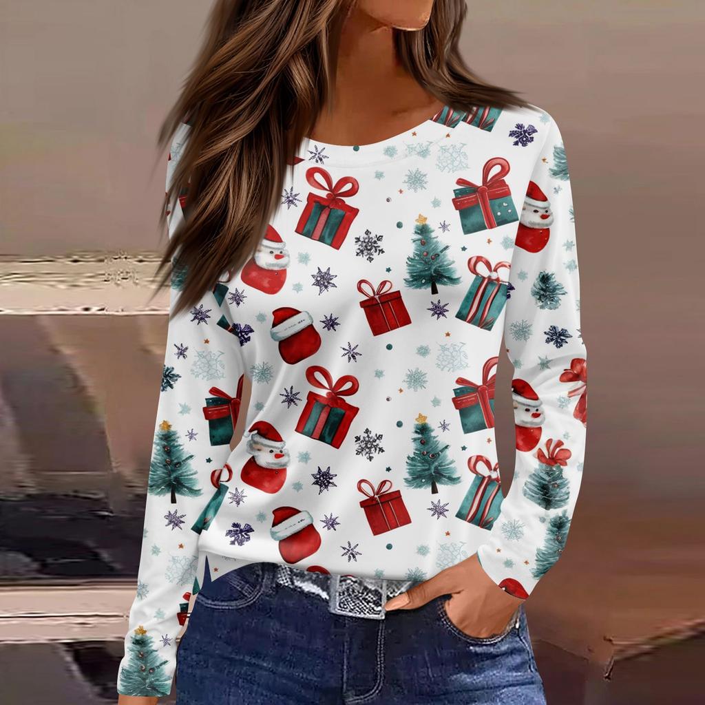 Women's Fashion Casual Slit Hem Round Neck Long Sleeve Loose Christmas Printed T-Shirt Ladies Top