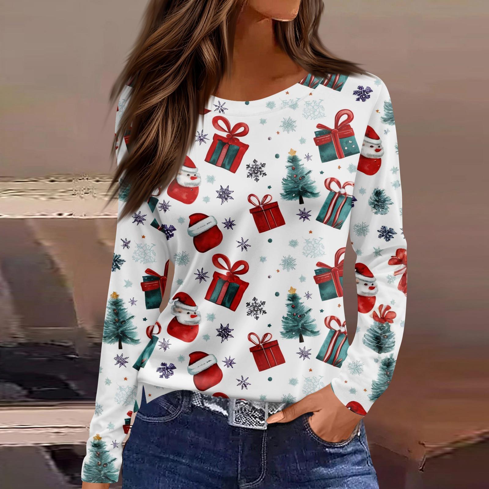 

Женская модная повседневная футболка с разрезом по низу, круглым вырезом, длинными рукавами, свободного кроя, с рождественским принтом, женский топ XL белый