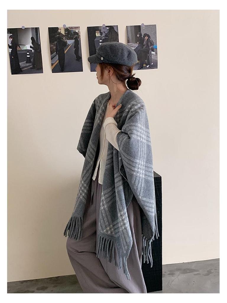 Retro Striped Tassel Korean Cape: High-End Warm Plaid Scarf Shawl