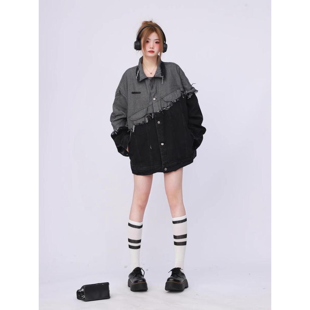 Unisex Schwarze Denim Patchwork Jacke - Lässiger Retro-Stil für Frühling/Herbst 2026