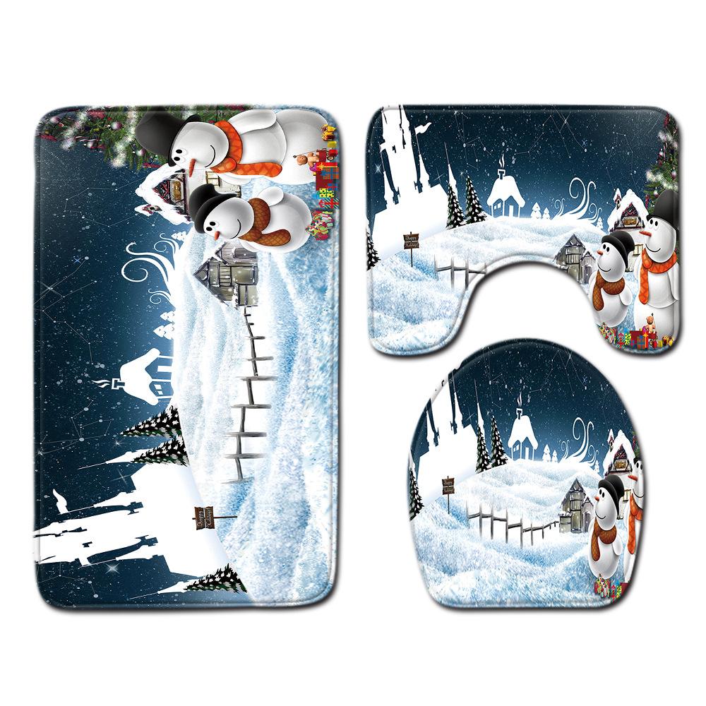 Christmas Shower Curtain Floor Mat Combination Four-Piece Set Bathroom Toilet Carpet Shower Room Mat Foot Mat