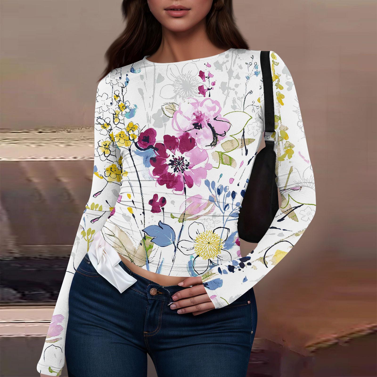 Женская модная повседневная футболка с круглым вырезом и длинным рукавом с принтом — фото 13