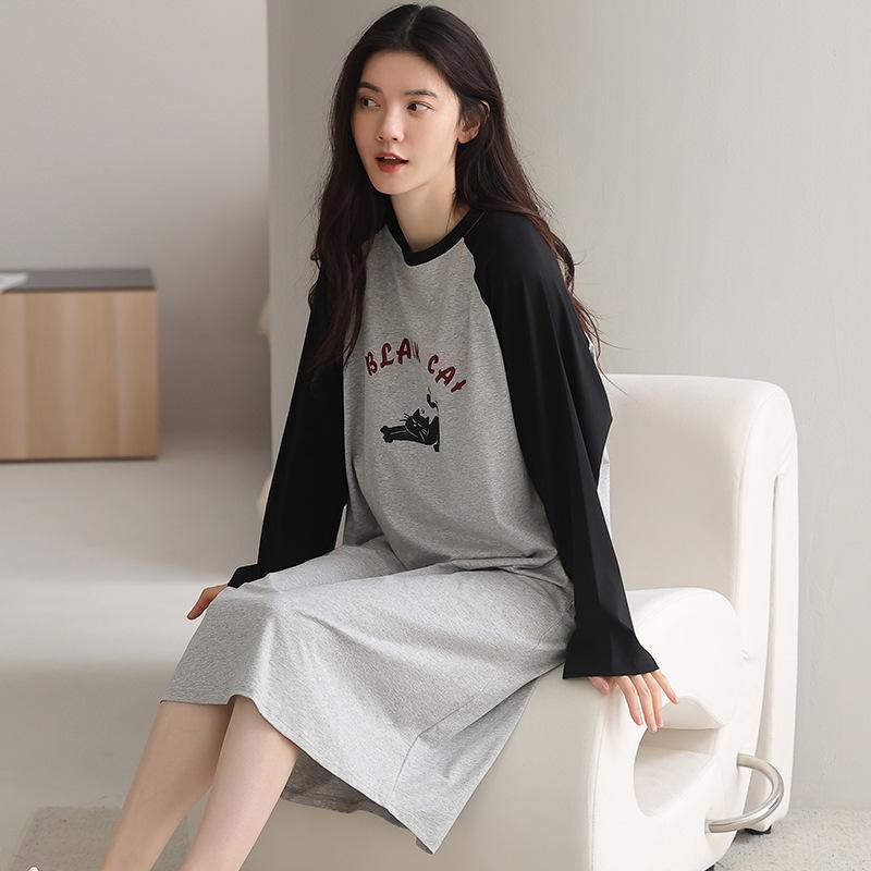 Damen Süßer Stil Langarm Mittellang Baumwoll-Nachthemd für Herbst