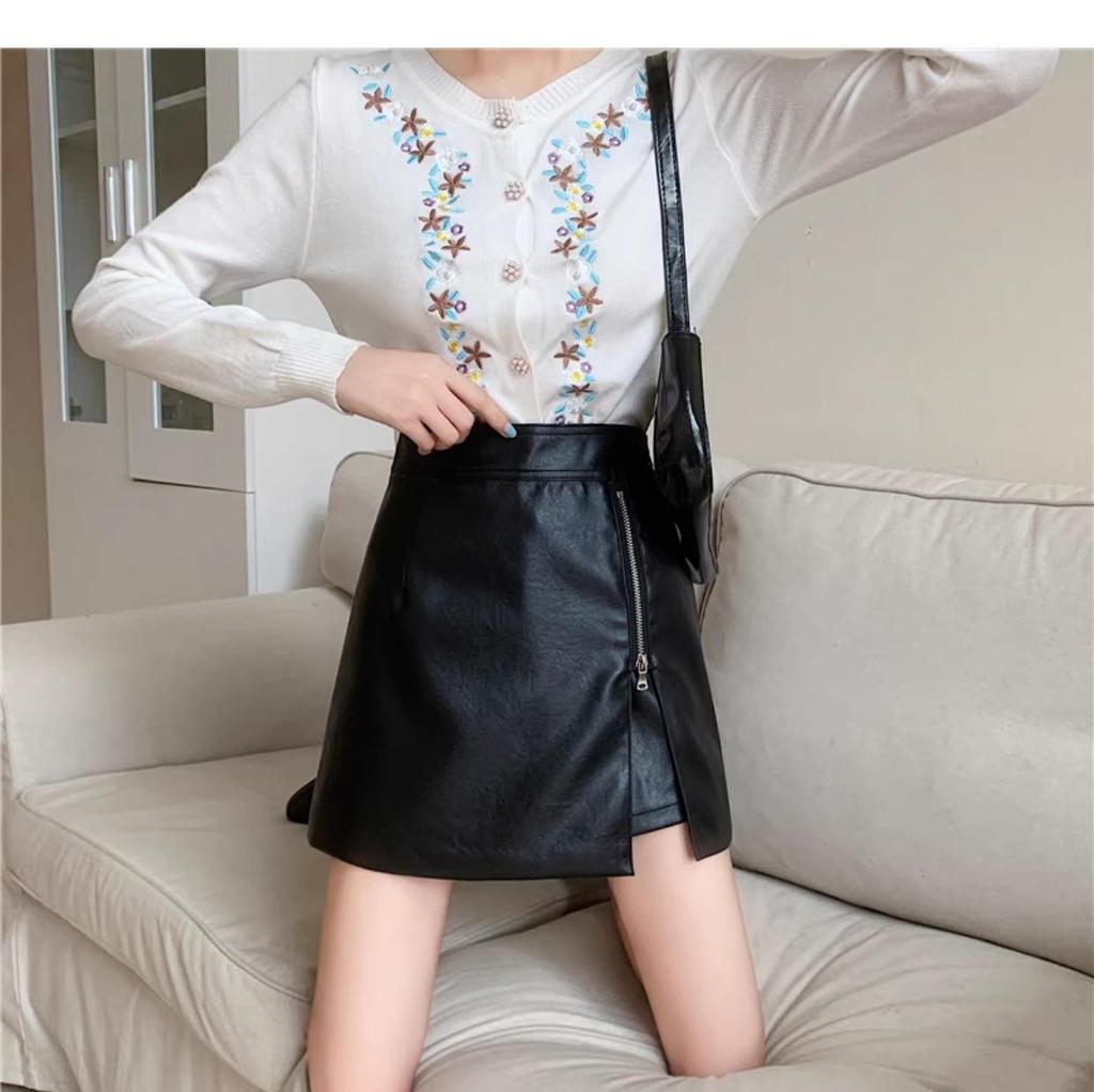 2025 Autumn/Winter Black High-Waisted PU Leather Bodycon Skirt – Women's Slimming A-Line Midi Skirt