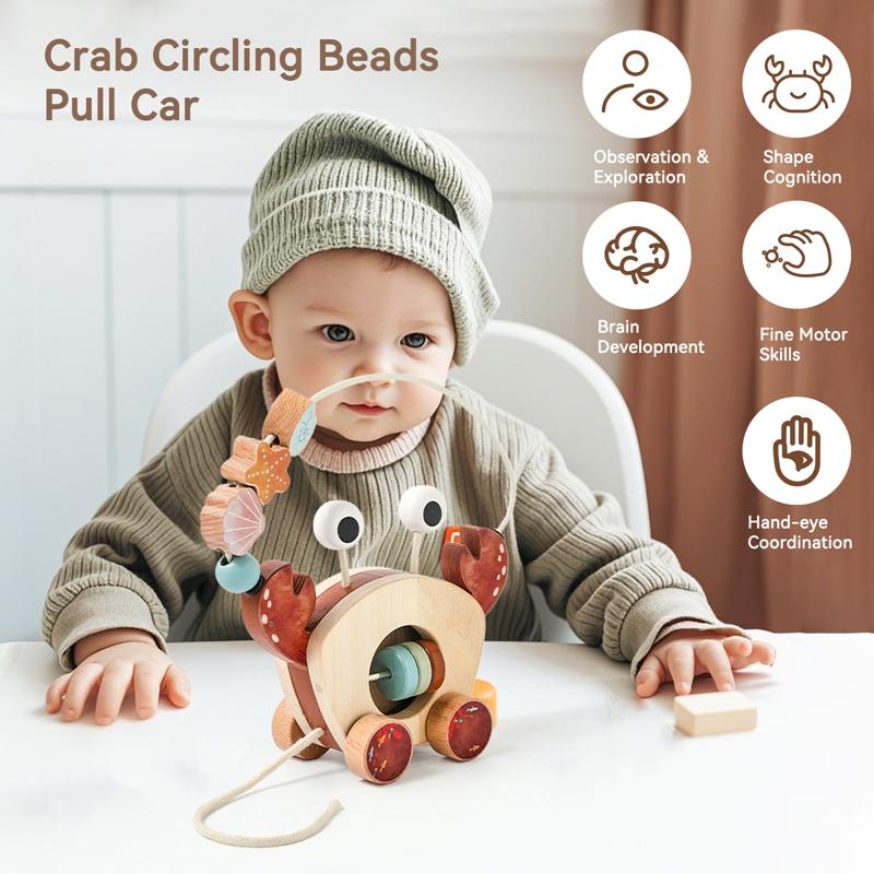 Baby Toy Wooden Cartoon Crab Rattle Hand-pushed Wooden Cars Children's Toy  Finger Fine Motion Car Educational Toy for Children