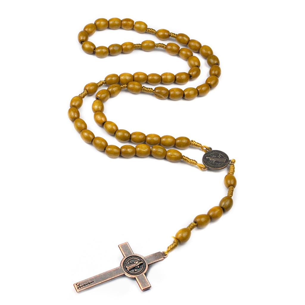 Christian Handmade Wooden Rosary Necklace Prayer Beads with Holy Soil Medal and Cross Bohemian Style for Men and Women