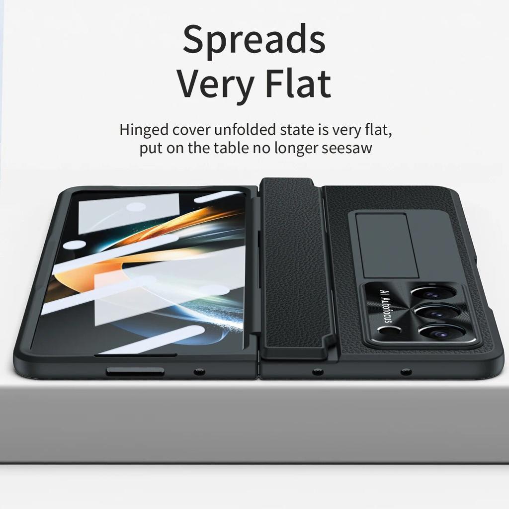 Suport din piele placat Husă de protecție cu balama plată pentru Samsung Galaxy Z Fold 5 4 3 cu folie de sticlă frontală Fold5 Husă de protecție
