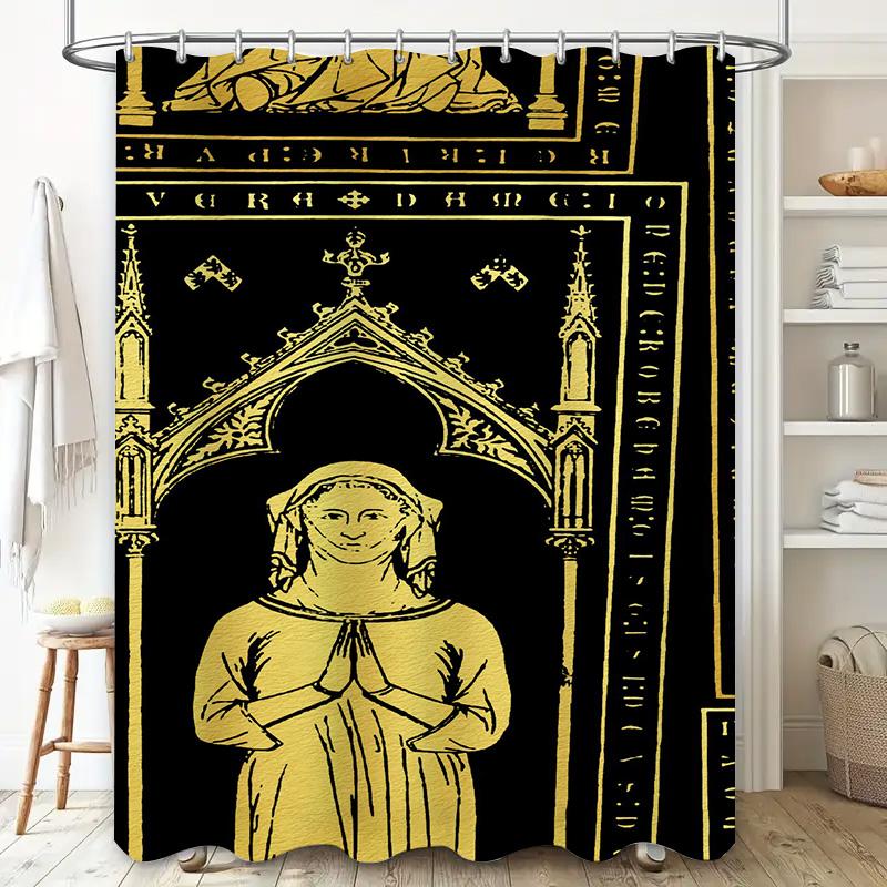 Vintage Gothic Bathroom Shower Curtain Medieval Religious Illustration With Figure In Prayer Pose (Black Gold)