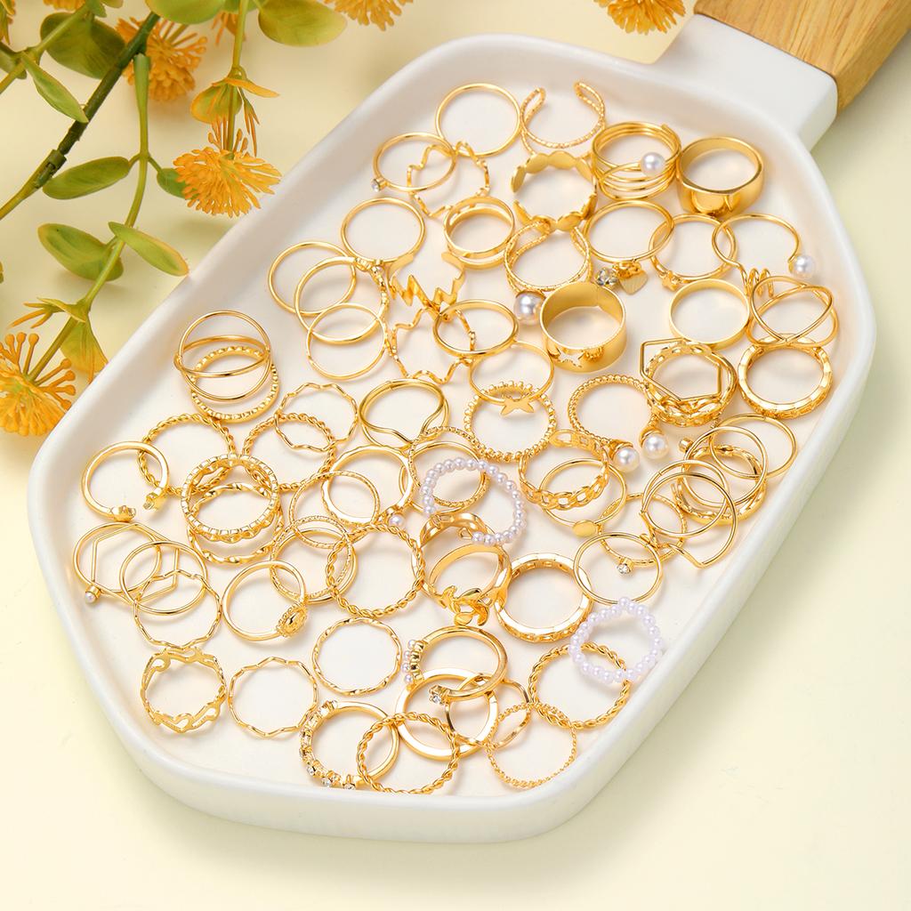 73Pcs/Set Heart Snake Pearl Butterfly Zircon Rings for Women Simple Geometric Hollow Gold Color Finger Rings Sets Female Jewelry