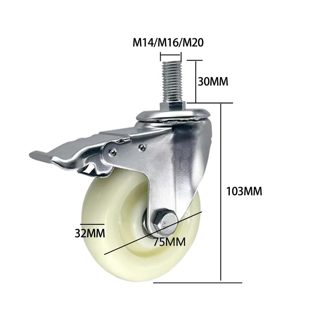 4 Pack 3" Threaded Stem Casters, M14 M16 M20 Locking Caster with Bearing, Trolley Furniture Swivel Castor, Heavy Duty Nylon Castors for Industrial,