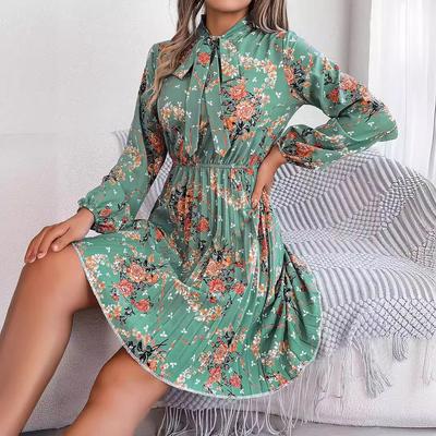 Women's Autumn and Winter Elegant Flower Lace-up Waist Long Sleeve Pleated Dress