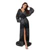 Sizzling European & American Chiffon V-Neck Sequin Evening Gown with Slit & Waist-Cinching Long Sleeves