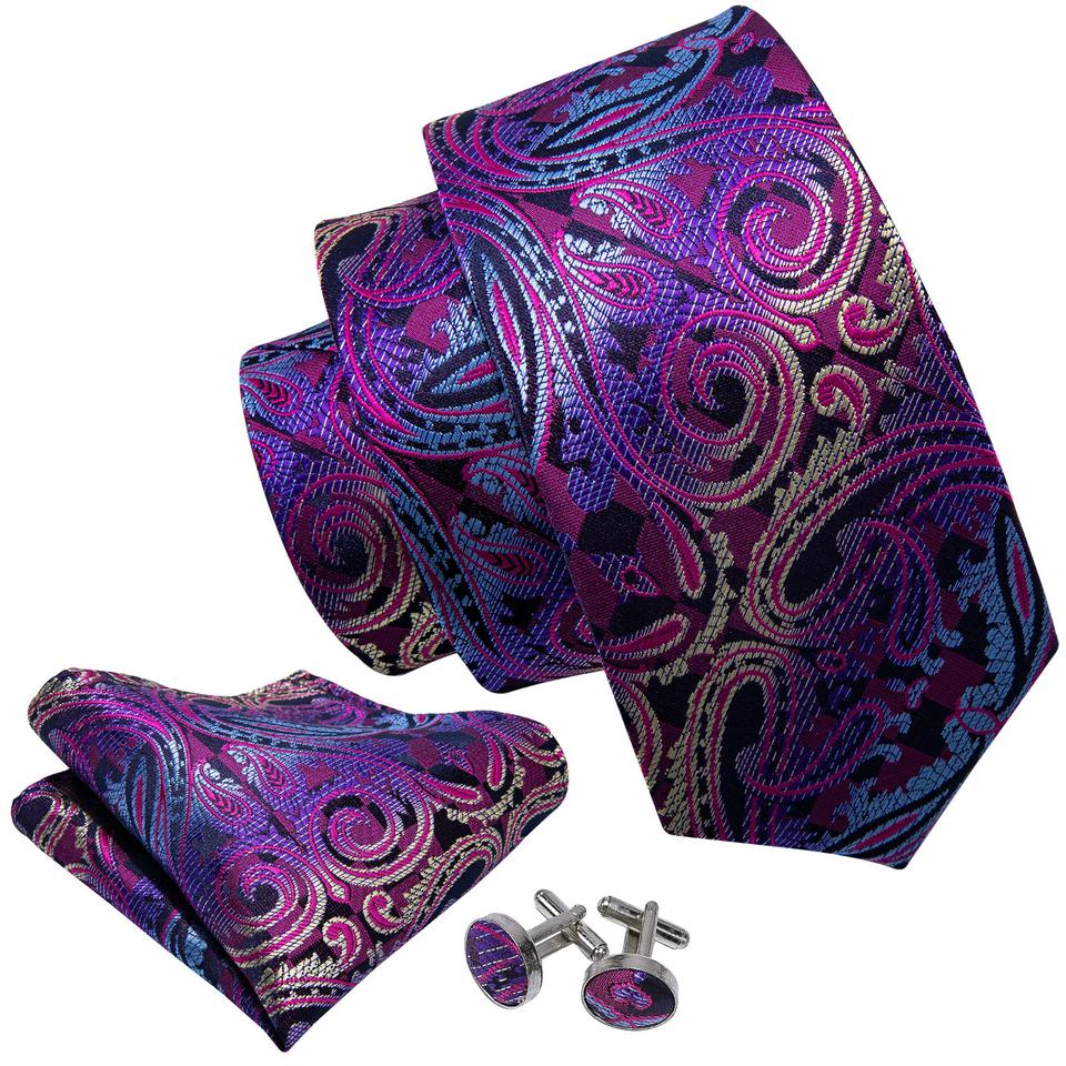 Luxury Tie with Brooch for Men Paisley Solid Formal Silk Necktie Hanky Cufflink Set