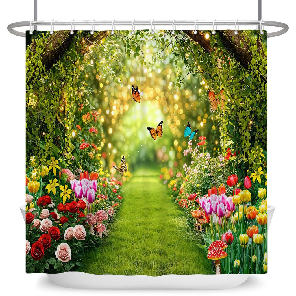 Garden Path Shower Curtain with 12 Hooks Realistic Forest Landscape Butterflies Waterproof Polyester Bathtub Bathroom Curtain