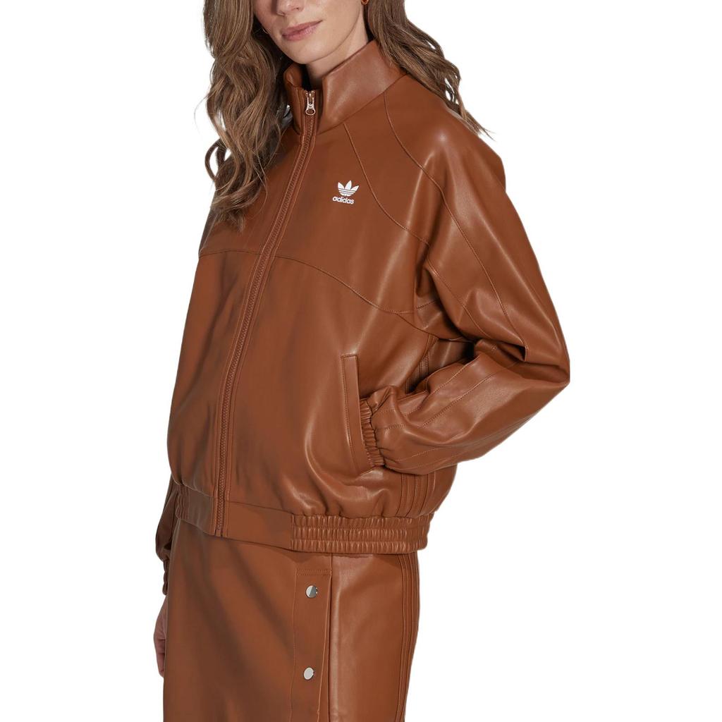 Adidas Originals Trefoil Faux Leather Zip-Up Jacket Women Outerwear Brown II6102