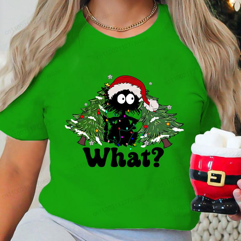 T Shirt for Women Christmas Black Cat Print T-shirt Girl Short Sleeve Crew Neck Casual Top for Xmas Party Women's Shirt Clothing