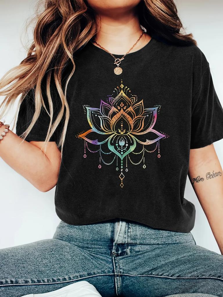 Black Short Sleeve T shirt Colorful Unisexdala Lotus Print Bohemian Stylish