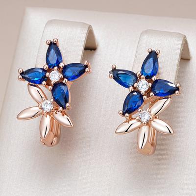 Rose Gold Color Crystal Flower Drop Earrings For Women Blue Natural Zircon Accessories Daily Fine Vintage Jewelry