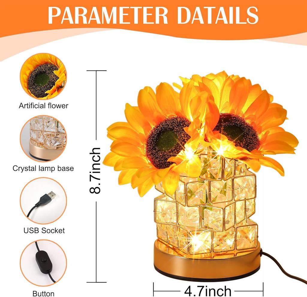 Nightstand Table Lamp Rechargeable Bedroom Bedside Decorative Lamp Crystal Flower Rose For Girl Valentine's Day Birthday Gift