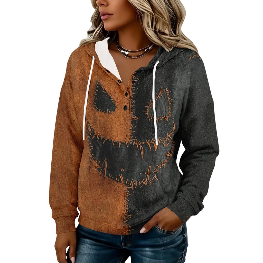 Women's Hooded Button Front Halloween Print Pullover Sweatshirt for Casual Fall Outfits