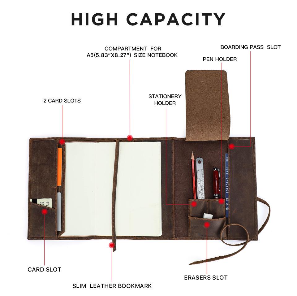 A5 Retro Crazy Horse Leather Notebook Cover with Strap, Handmade, Multi-Card Slots, Office Stationery Organizer