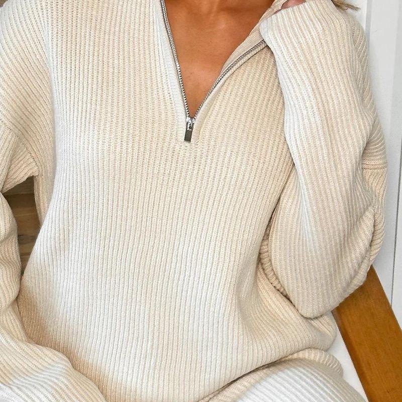 

2024 Casual Lapel Long Sleeved Sweater Knit Set Apricot M