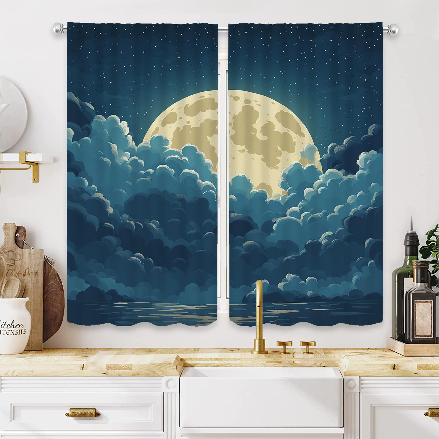 Set Of 2 High-Definition Digital Printed Curta Featuring A Deep Blue Night Sky With A Full Moon And Clouds, Perfect For Home 53x116cm 2pc&Without mount