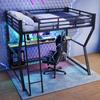 Hochbett Schreibtisch 90x200cm Kinder/Erwachsene, Ambientelicht, Steckdosen & USB, Metallbettgestell Lattenrost, Schwarz (ohne Matratze)