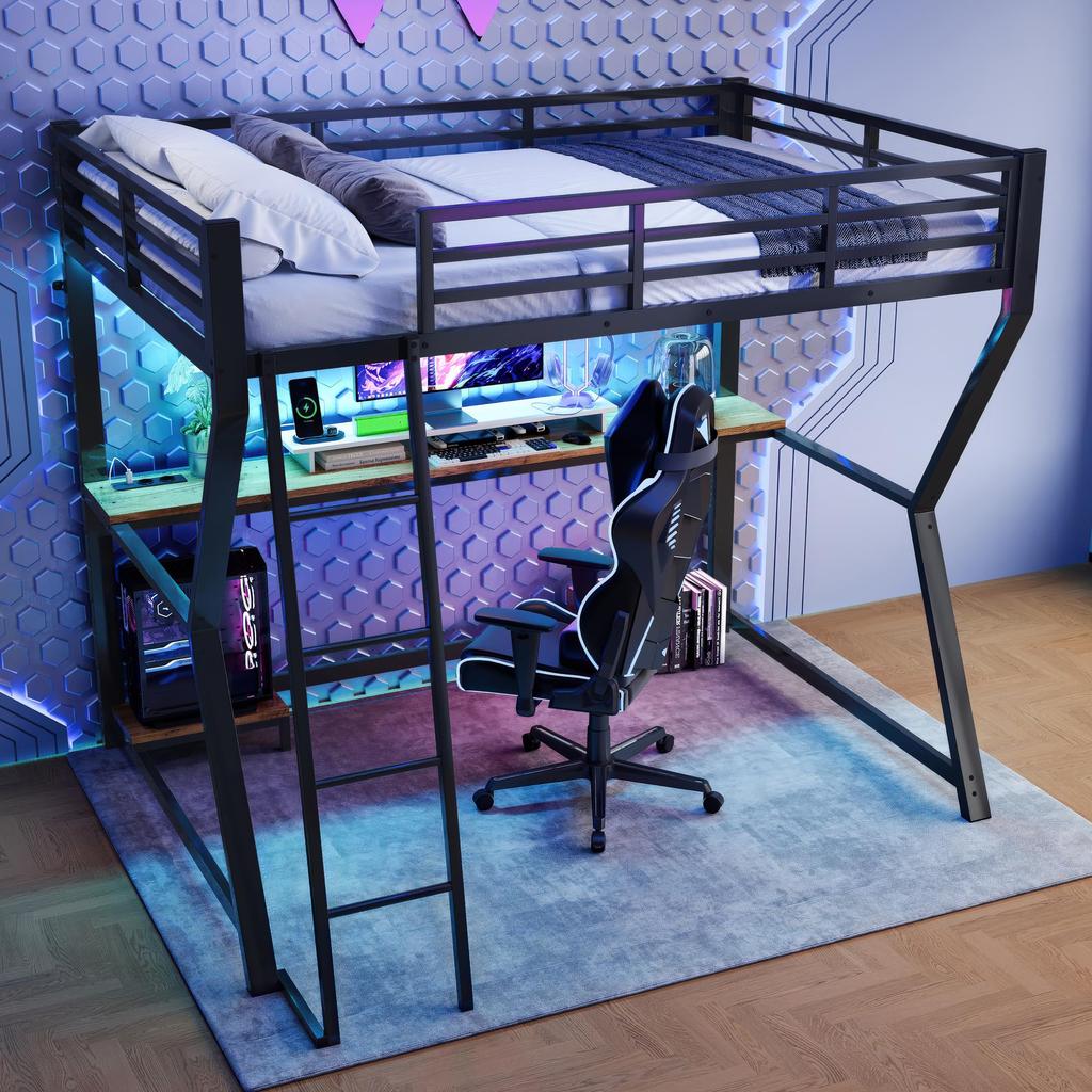 Hochbett Schreibtisch 90x200cm Kinder/Erwachsene, Ambientelicht, Steckdosen & USB, Metallbettgestell Lattenrost, Schwarz (ohne Matratze)