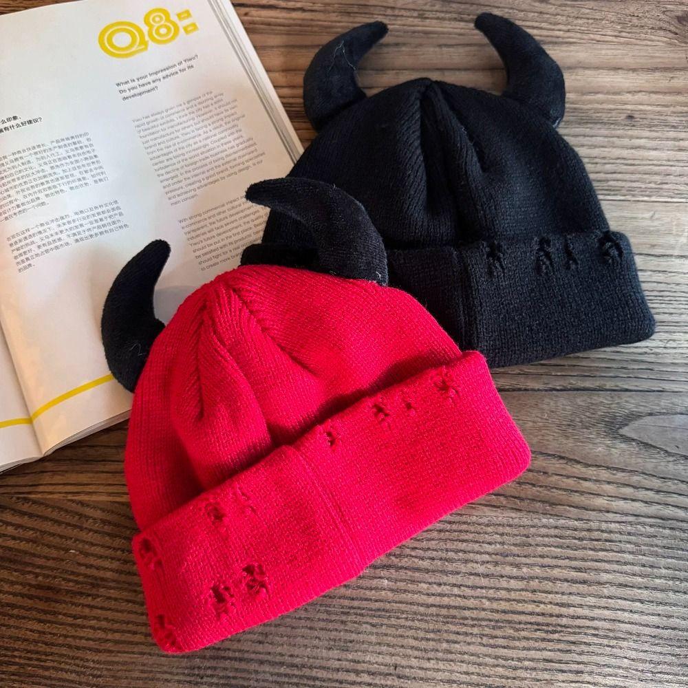 Personality With Devil Horns Winter Knitted Beanie Warm Pin Decoration Distressed Skull Cap Solid Color Funny Dome Hat Unisex