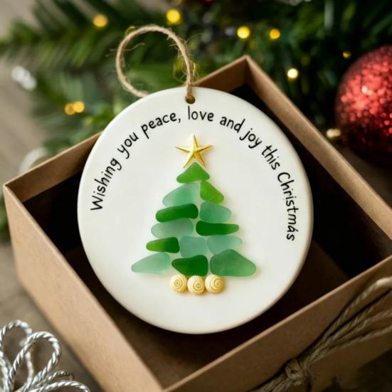 Yousheng Sea Glass Christmas Tree Ornament Coastal Christmas Tree Pendants Handcarfted Sea Glass Art Christmas Decoration for Holiday Home Decor
