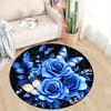 Luxurious Crystal Velvet Round Area Rug with Vibrant Blue Roses & Butterflies Design – Non-Slip, Soft Polyester Mat for Bedroom,