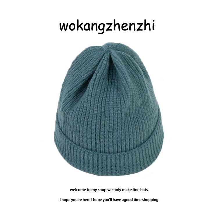 Self-kept peacock blue white wool hat women's autumn and winter warm extended knitted hat versatile solid color cold hat men