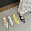 Xiaoxiangfeng bow rhinestone bag head half slippers female outer wear 2025 spring and summer with skirt slope heel fairy cool slippers