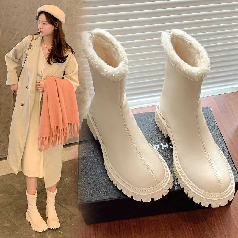 Autumn Winter Snow Boots Warm Fur Women Ankle Boots Fashion Elegant Back Zippers Shoes Thick Heel Women's Short Booties