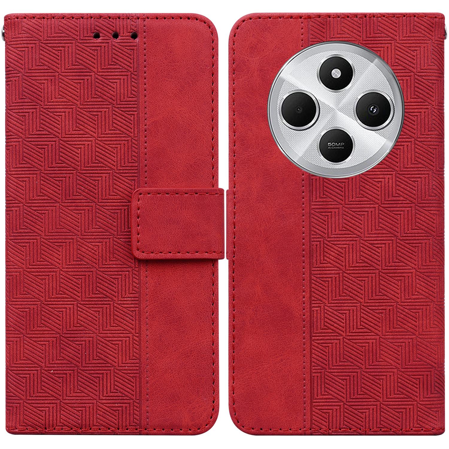 

For Xiaomi Poco C75 4G/Redmi 14R 5G/14C 4G Case Geometry Pattern Leather Wallet Phone Cover with Wrist Strap Red