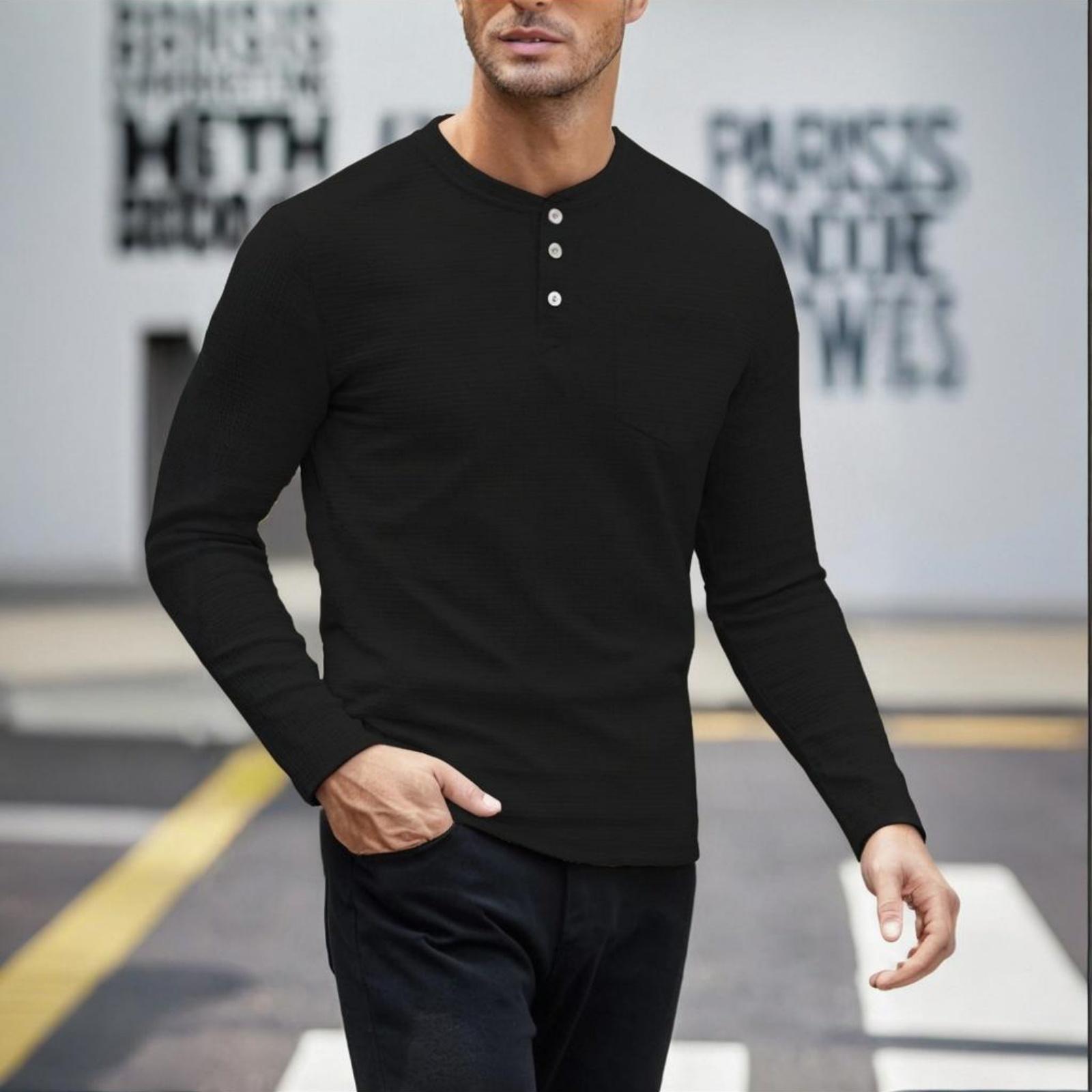 

Men s Casual Sports Long-sleeved Shirt, Men s Round-neck Button-up Top XXL чорний