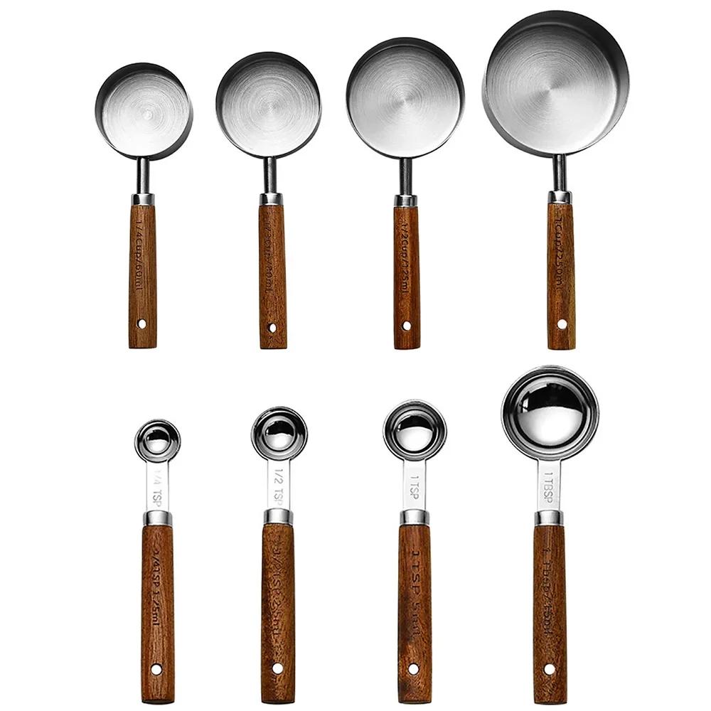 8Pcs Gold Kitchen Baking Tools Bakeware Measuring Tools Scales Set Stainless Steel Measuring Cups and Spoons With Wooden Handle