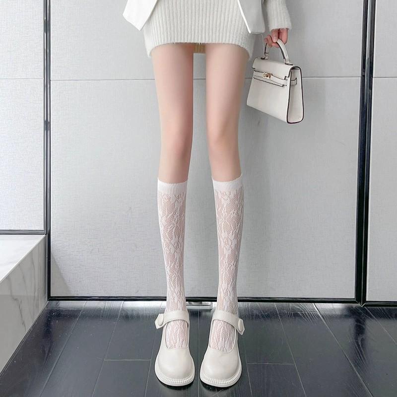 Japanese Lace Stockings Children Thin Mid-Calf Length SocksinsTrendy Hollow Heart Jacquard White Calf Socks Mesh Stockings Stude