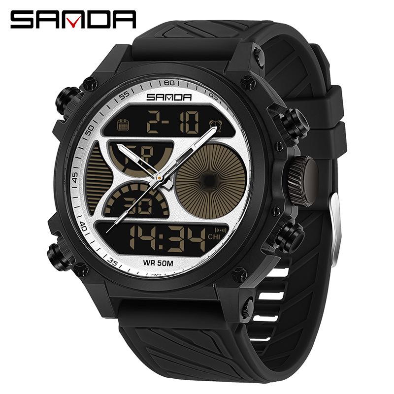 Sanda Men s Trendy Multifunctional Waterproof Sport Watch with Luminous Silicone Strap and Dual Display.
