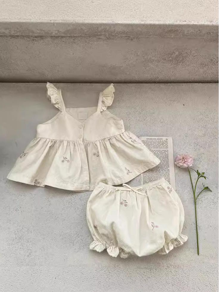 Girls' Embroidered Ruffle Strap Dress & Bloomers - Baby Summer Outfit Set