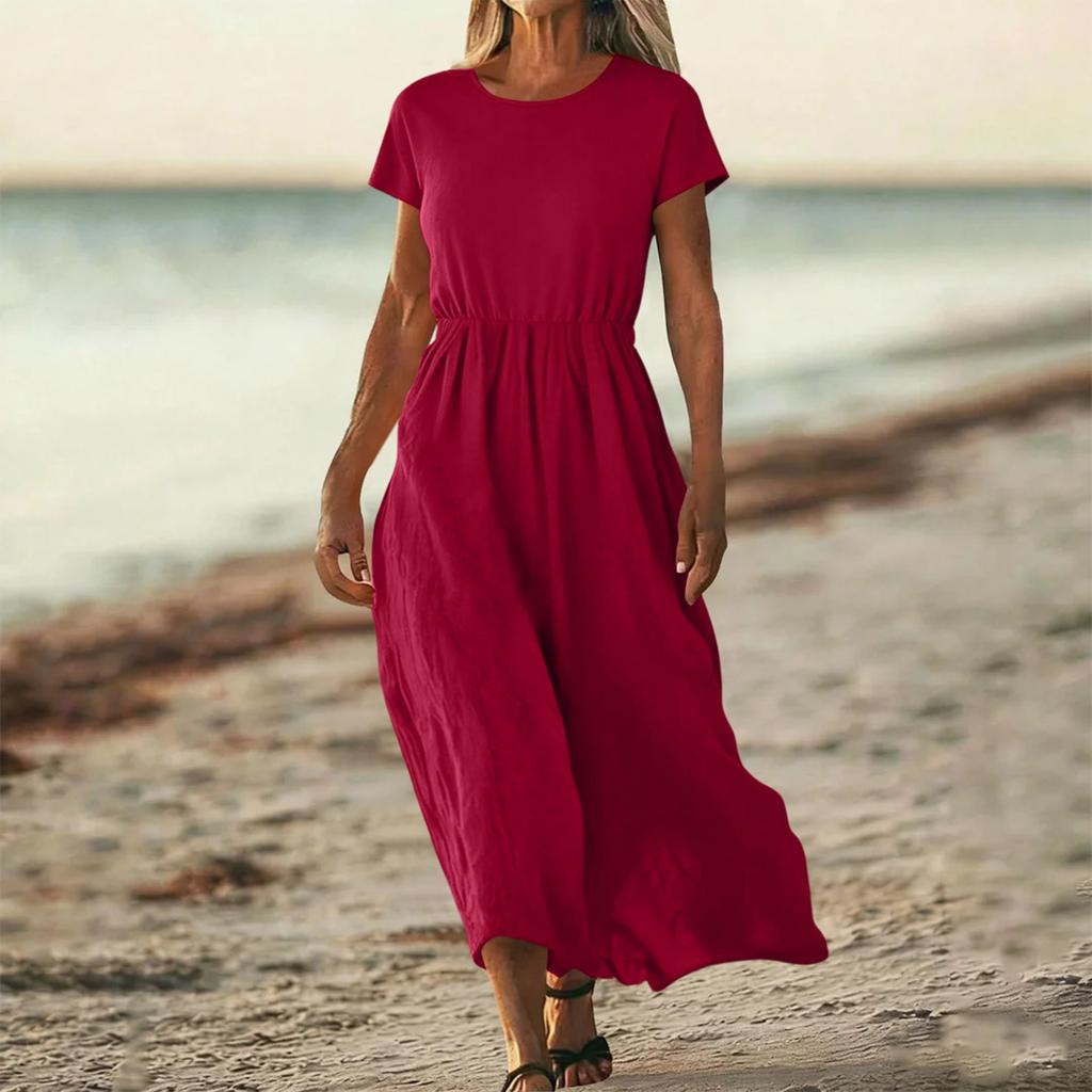 O-Neck Dress For Women Casual Comfy Cotton Linen Short Sleeve Tunic Beach Dresses With Pockets