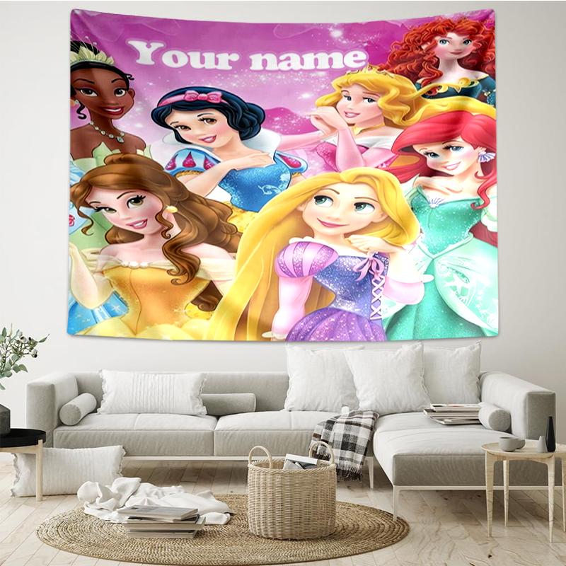 Custom Name Princess Print Tapestry, Backdrop, Easy Setup, Ideal for Bedroom, Office & Living Room, with Aesthetic Wall Hanging Decor.